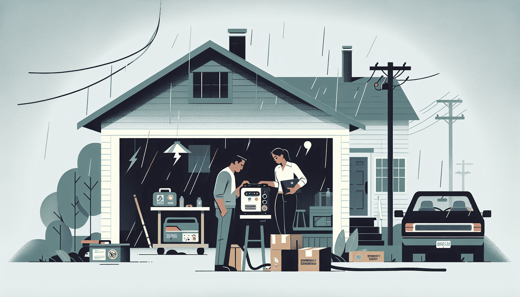Illustration of a family preparing for a power outage with a backup generator