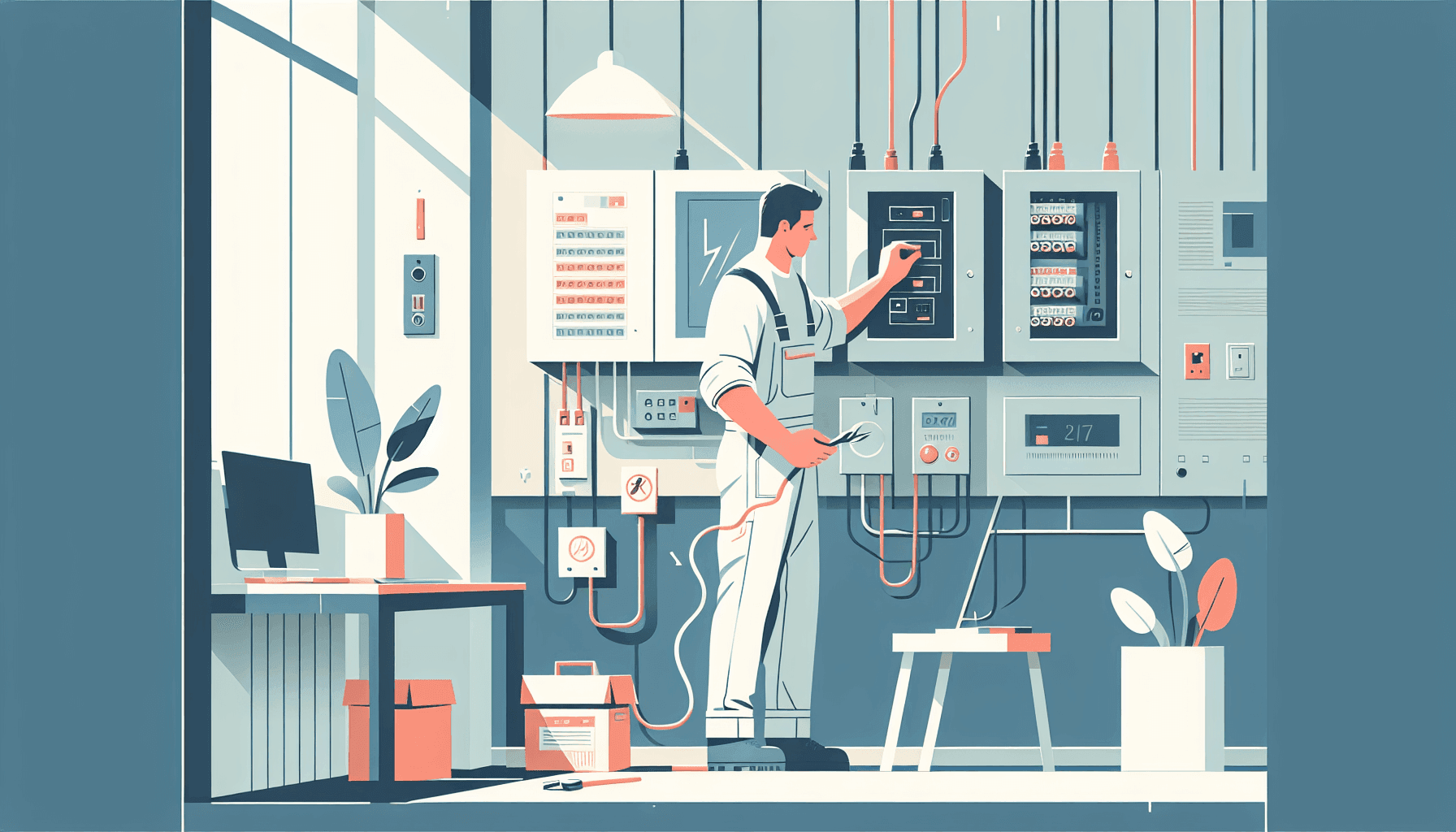 Illustration of an electrician inspecting commercial electrical panels