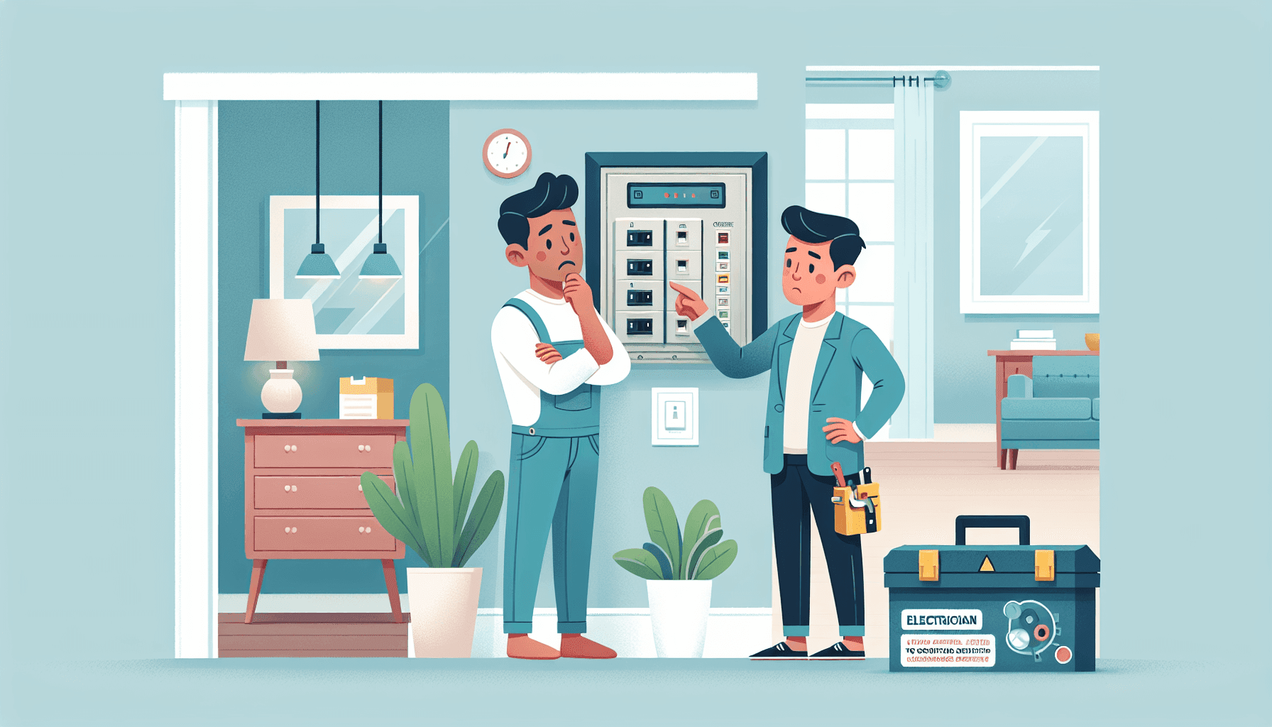 Illustration of a homeowner looking at a tripped breaker panel
