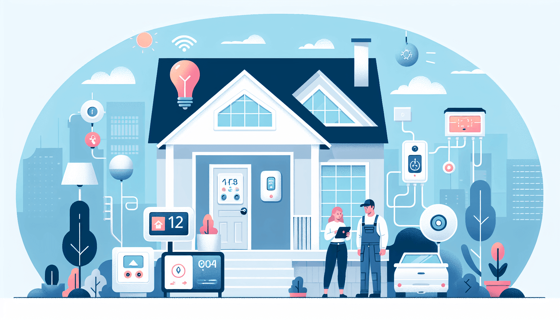 Illustration of a smart home with automated lighting and devices